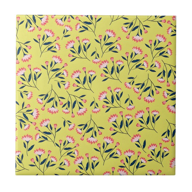  Cheerful Floral Pattern: Pink Flowers  Ceramic Tile (Front)