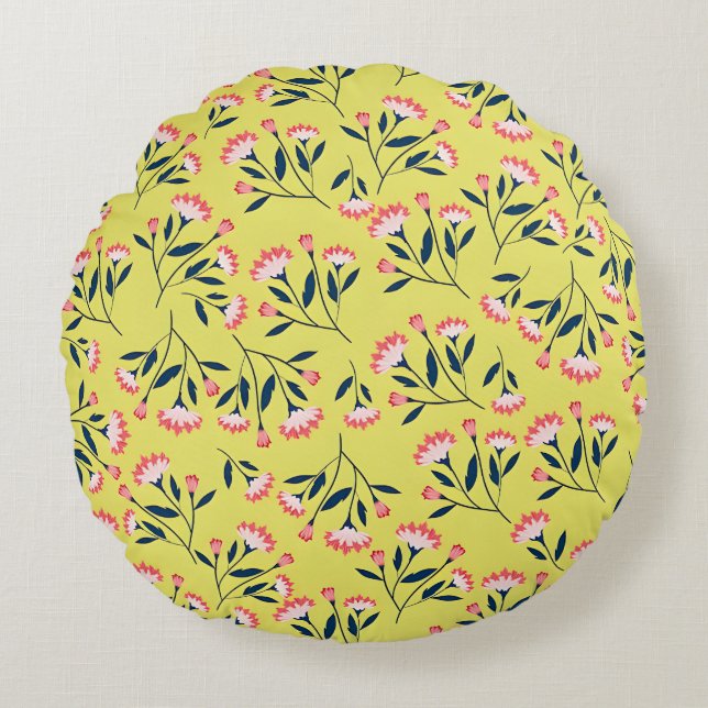  Cheerful Floral Pattern: Pink Flowers  Round Cushion (Front)