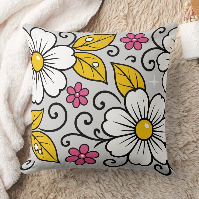 Cheerful Floral Pattern with Bold Outlines Cushion (Blanket)