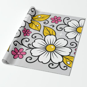 Cheerful Floral Pattern with Bold Outlines Wrapping Paper