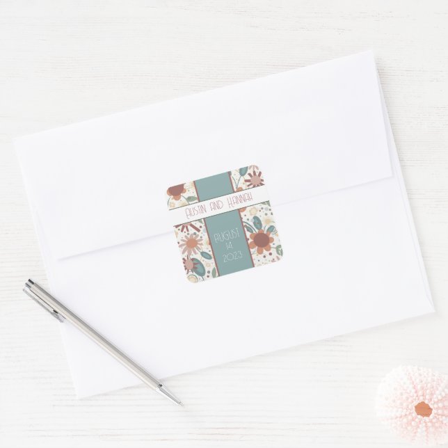 Cheerful Flowers Inspirivity Modern Fun Wedding Square Sticker (Envelope)