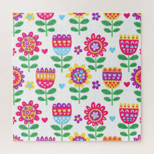 Cheerful Flowers Vintage Colourful Pattern Jigsaw Puzzle