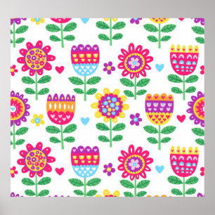 Cheerful Flowers Vintage Colourful Pattern Poster