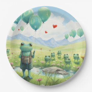 Cheerful frogs blue balloons paper plate