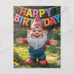 Cheerful Garden Gnome with "Happy Birthday" Banner Postcard