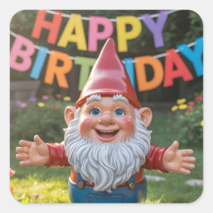 Cheerful Garden Gnome with "Happy Birthday" Banner Square Sticker