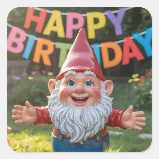 Cheerful Garden Gnome with "Happy Birthday" Banner Square Sticker