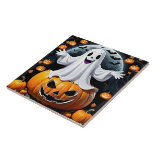 Cheerful ghost among pumpkins on Halloween night Ceramic Tile