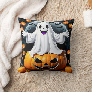 Cheerful ghost among pumpkins on Halloween night Cushion