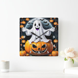 Cheerful ghost among pumpkins on Halloween night Square Wall Clock