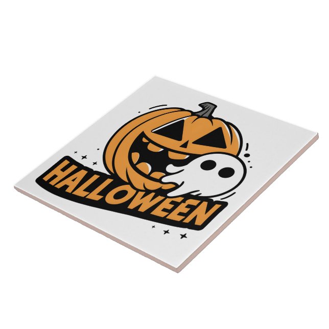Cheerful ghost by a playful pumpkin ceramic tile (Side)