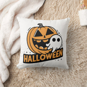 Cheerful ghost by a playful pumpkin cushion