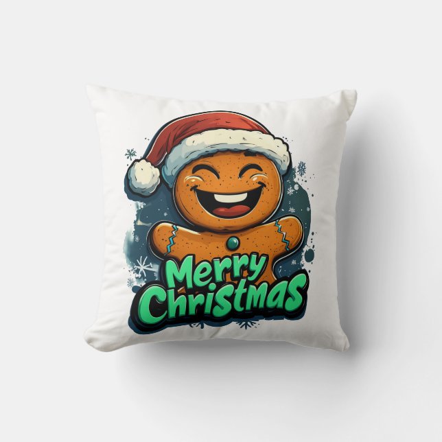 Cheerful Gingerbread Man Merry Christmas Pillow (Front)