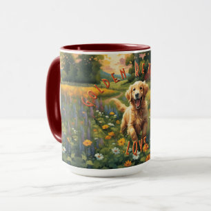 Cheerful Golden Retriever Frolicking at Sunrise Mug