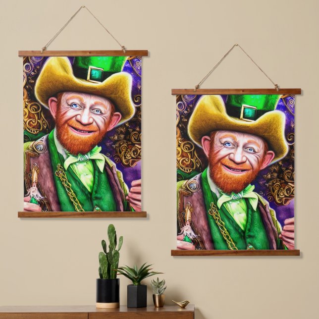 Cheerful Green Leprechaun with Shamrock Pipes Hanging Tapestry (Asymmetrical)