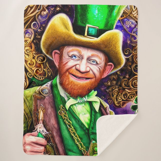 Cheerful Green Leprechaun with Shamrock Pipes  Sherpa Blanket (Front)