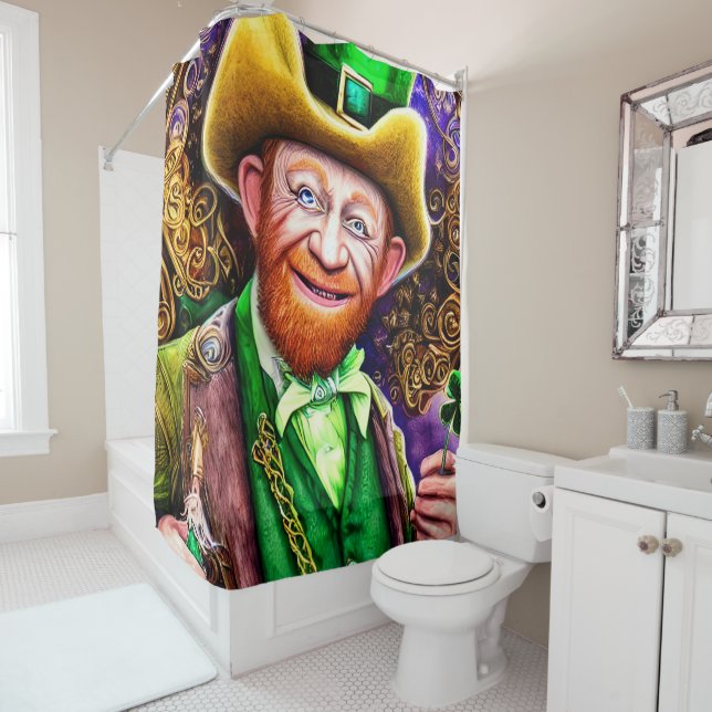 Cheerful Green Leprechaun with Shamrock Pipes Shower Curtain (In Situ)