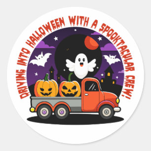Cheerful Halloween Design with Ghost and Pumpkins Classic Round Sticker