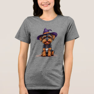 Cheerful Halloween Dog Wearing a Witch Hat Tri-Blend Shirt