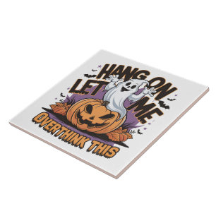 Cheerful Halloween ghost atop a carved pumpkin Ceramic Tile