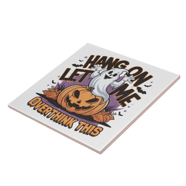 Cheerful Halloween ghost atop a carved pumpkin Ceramic Tile (Side)