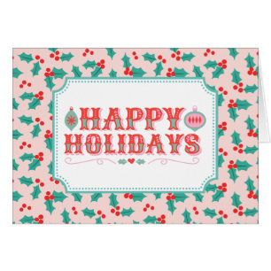 Cheerful Happy Holidays   Retro Pink and Red Holly