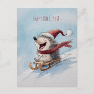 Cheerful hedgehog rides sled down, Christmas  Postcard
