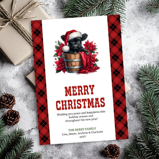 Cheerful highland cow card red poinsettia digital (Cheerful highland cow card red poinsettia digital)