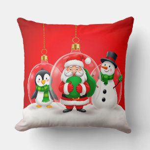 Cheerful Holiday Characters Santa, Penguin  Cushion