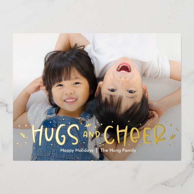 Cheerful Hug Editable Colour Foil Holiday Postcard (Front)