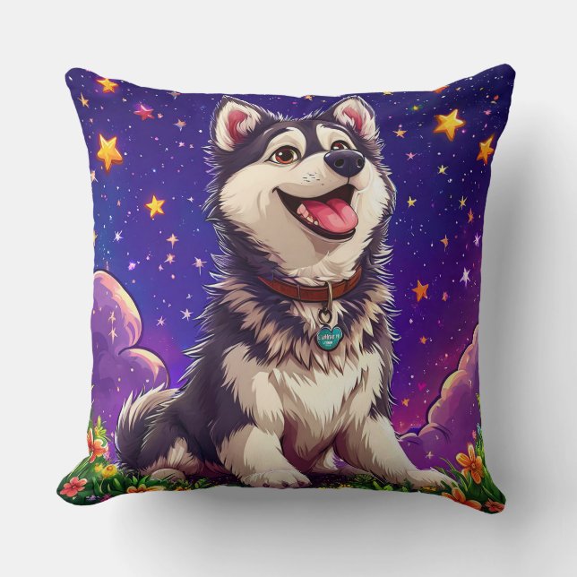 Cheerful Husky Against Starry Sky Cushion (Front)