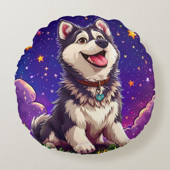 Cheerful Husky Against Starry Sky Round Cushion (Front)