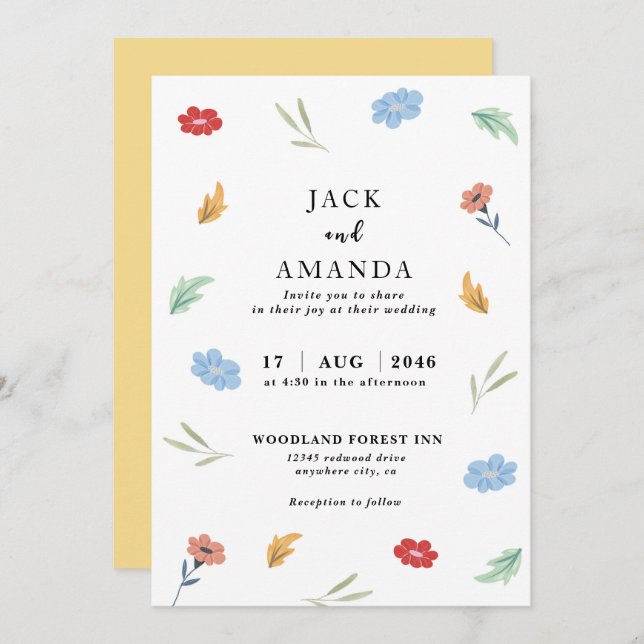 Cheerful Joyful Colourful Floral Wedding invitatio Invitation (Front/Back)