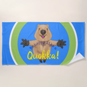 Cheerful jumping quokka blue and green cartoon beach towel
