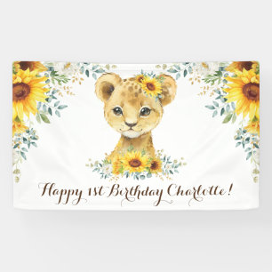 Cheerful Jungle Lion Cub Sunflower Happy Birthday Banner