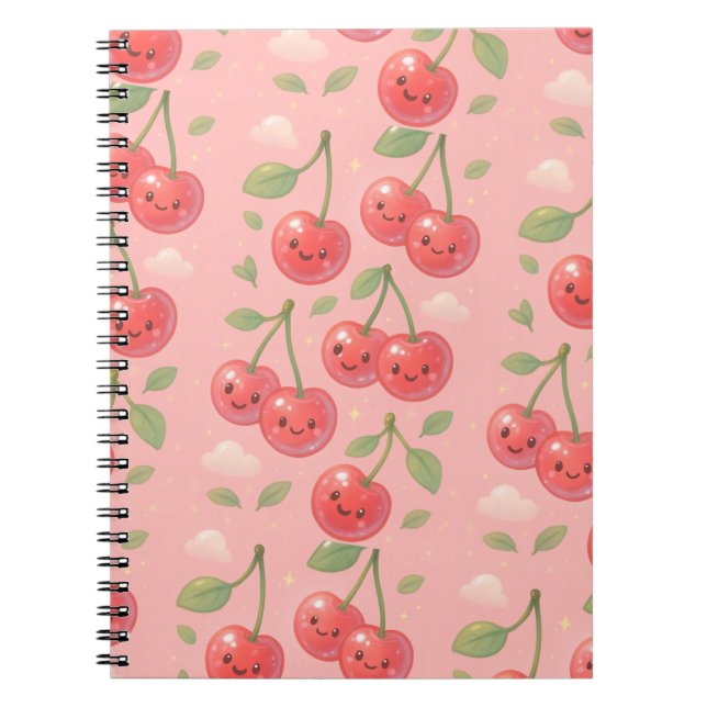 Cheerful Kawaii Cherry Pattern Illustration Notebook (Front)