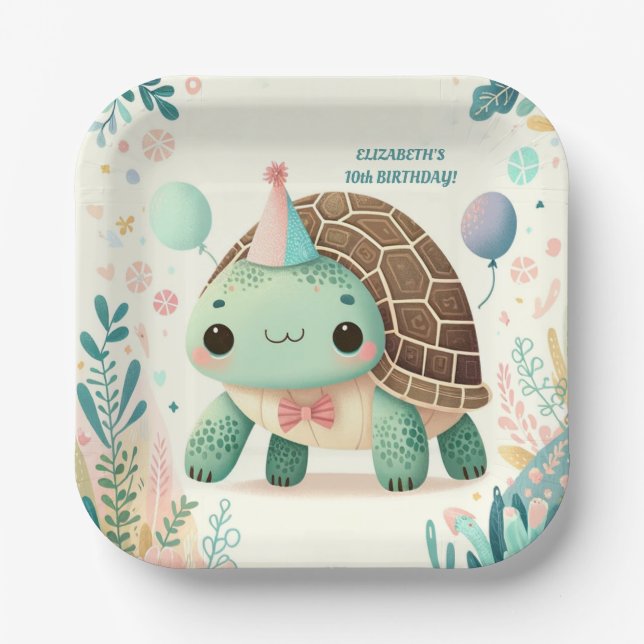 Cheerful Kids Cute Tortoise Birthday Party Paper Plate (Front)