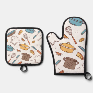 Cheerful Kitchen Doodle Oven Mitt & Pot Holder Set