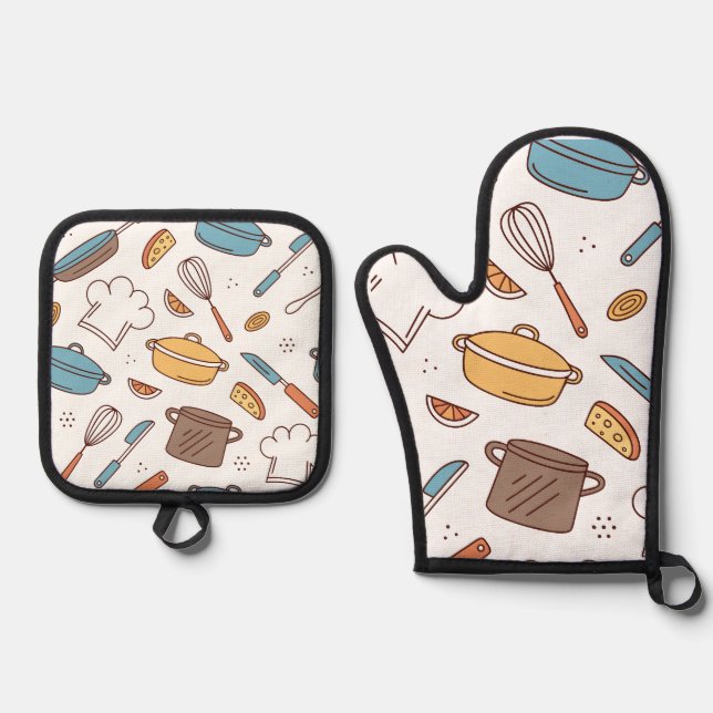 Cheerful Kitchen Doodle  Oven Mitt & Pot Holder Set (Front)
