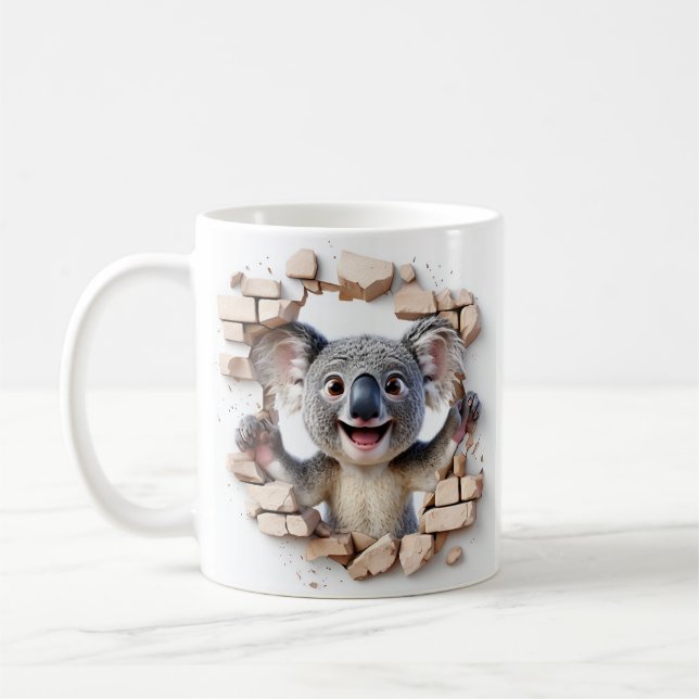 Cheerful Koala Breaking Through Beige Brick Wall Coffee Mug (Left)