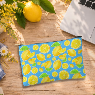 Cheerful Lemon Yellow and Blue Citrus Pattern Accessory Pouch