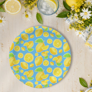 Cheerful Lemon Yellow and Blue Citrus Pattern Paper Plate