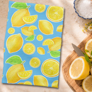 Cheerful Lemon Yellow and Blue Citrus Pattern Tea Towel