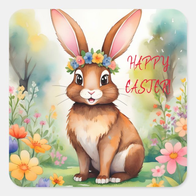 Cheerful little brown bunny 1, Easter Square Sticker (Front)