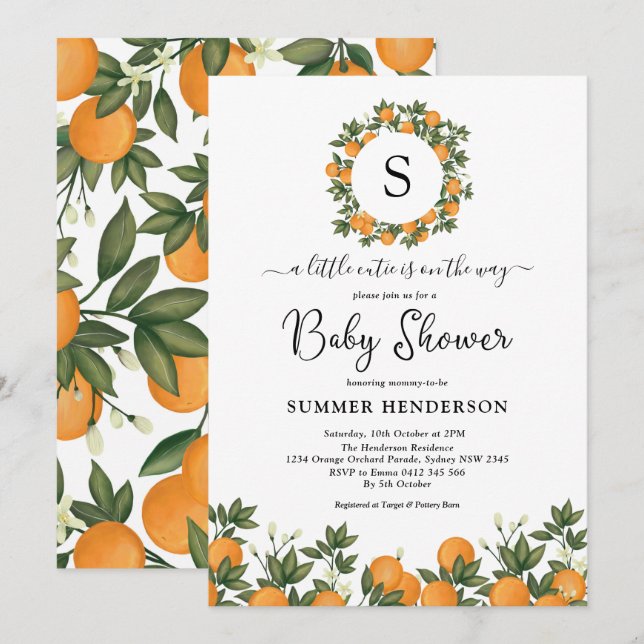 Cheerful Little Cutie Botanical Citrus Baby Shower Invitation (Front/Back)