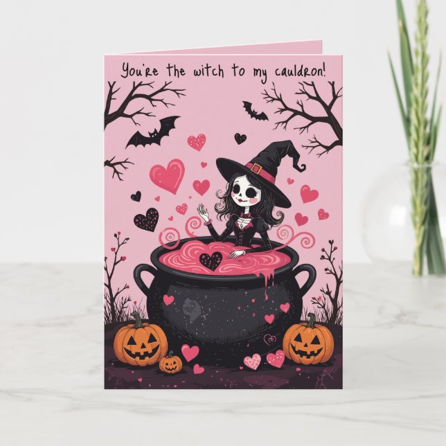 Cheerful Little Witch And A Bubbling Cauldron Card (Front)