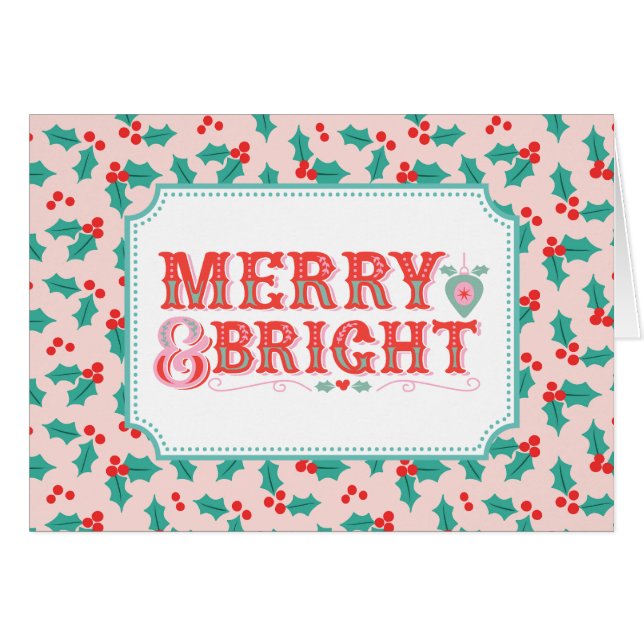 Cheerful Merry & Bright | Retro Pink and Red Holly (Front Horizontal)