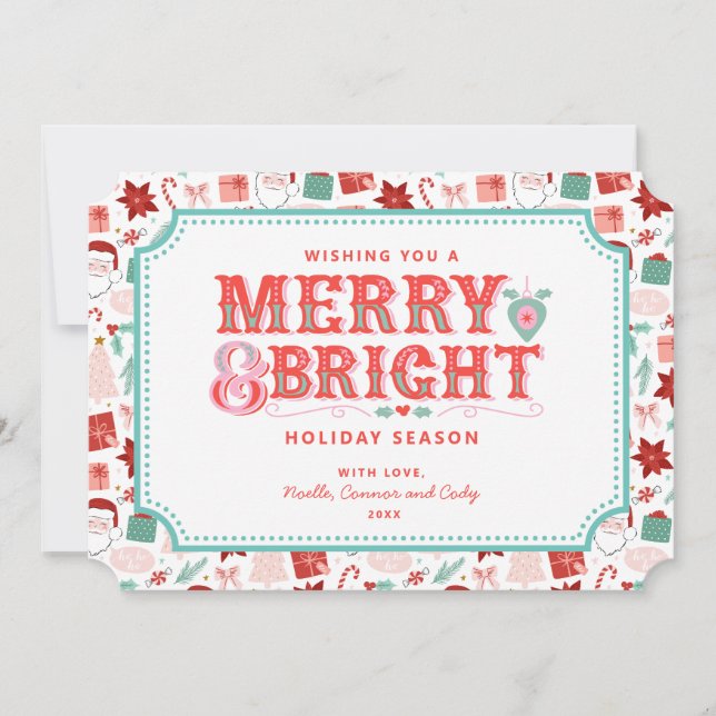 Cheerful Merry & Bright | Retro Pink and Red Holly Holiday Card (Front)