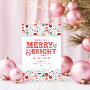 Cheerful Merry & Bright   Retro Pink and Red Holly Holiday Card