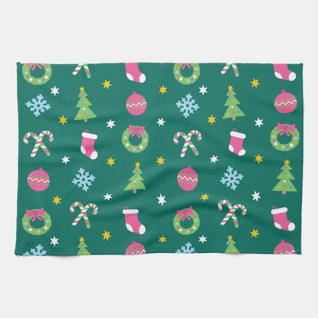 Cheerful merry Christmas pattern Tea Towel (Horizontal)